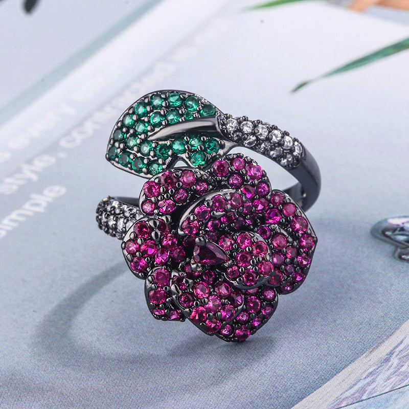Vintage Rose Flower Ring for Women – Black Plated Copper Alloy with Pink, Green Cubic Zirconia Accents