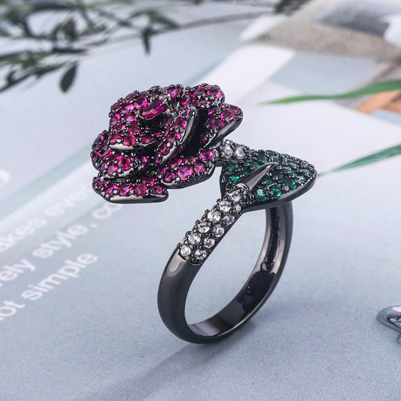 Vintage Rose Flower Ring for Women – Black Plated Copper Alloy with Pink, Green Cubic Zirconia Accents