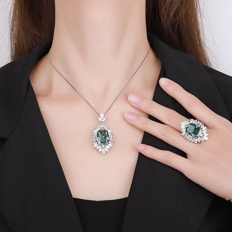 Vintage Teal Zircon Jewelry Set - Statement Ring & Pendant Necklace with Cubic Zirconia, Copper Base Luxury Jewelry for Women