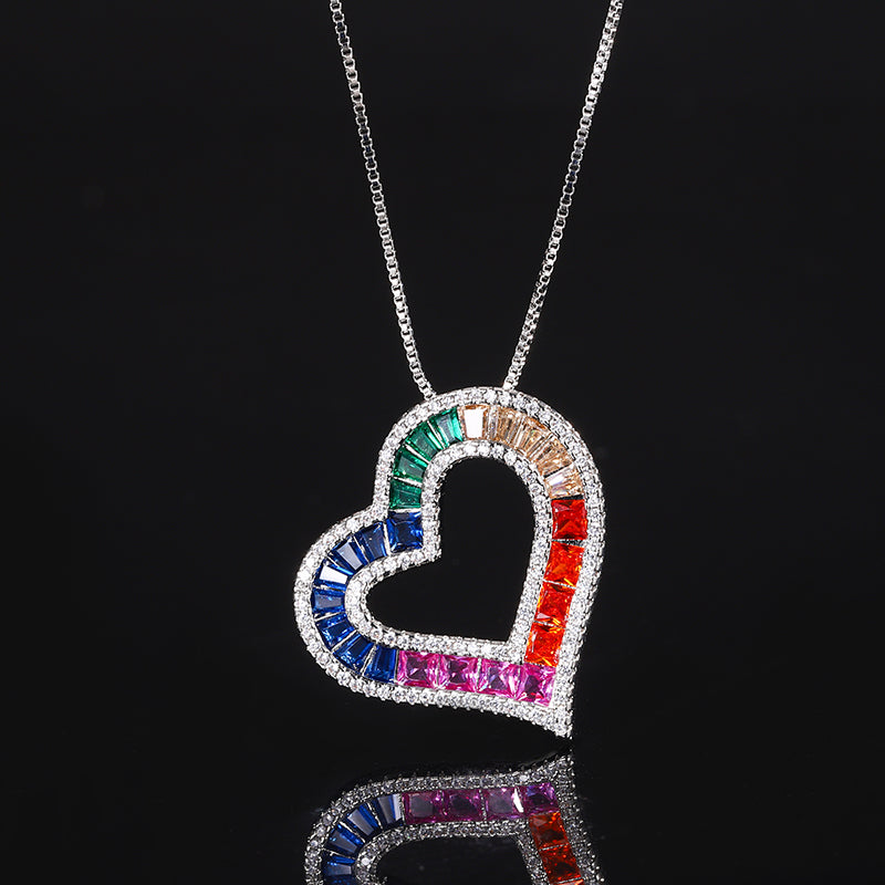 Rainbow Heart Shaped Cubic Zirconia Pendant Necklace for Women – 2 Styles (Silver, Gold) with Copper Alloy Chain