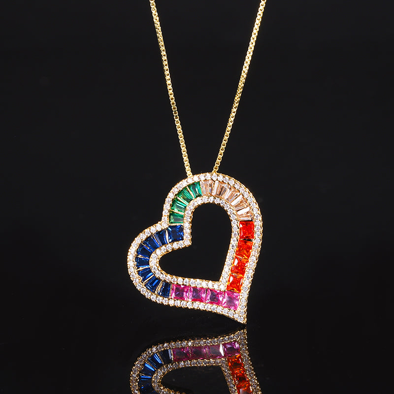 Rainbow Heart Shaped Cubic Zirconia Pendant Necklace for Women – 2 Styles (Silver, Gold) with Copper Alloy Chain