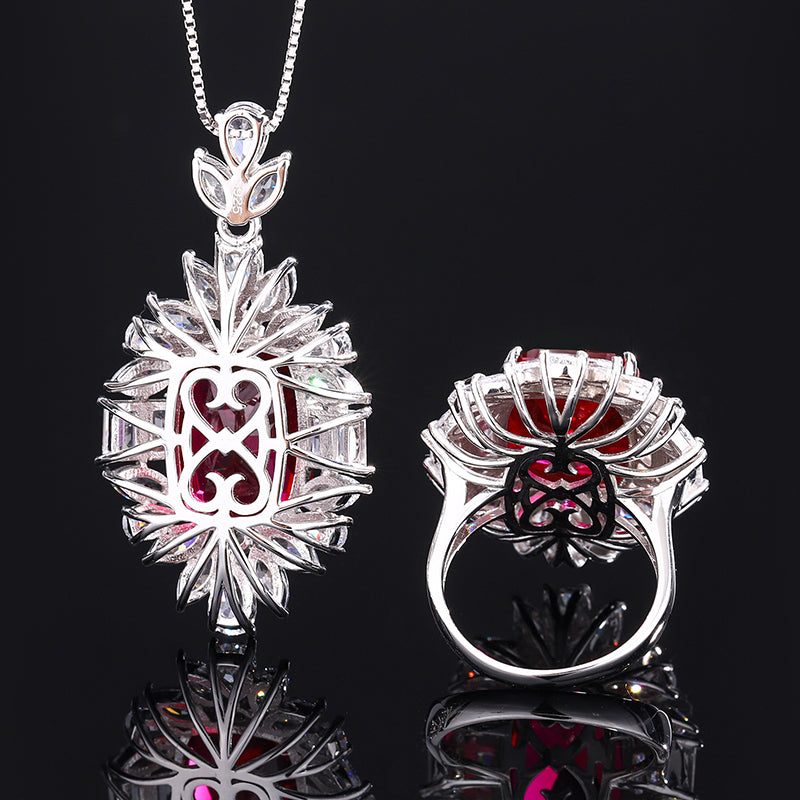 Vintage Red Zircon Jewelry Set - Statement Ring & Pendant Necklace with Cubic Zirconia, Copper Base Luxury Jewelry for Women-Y425
