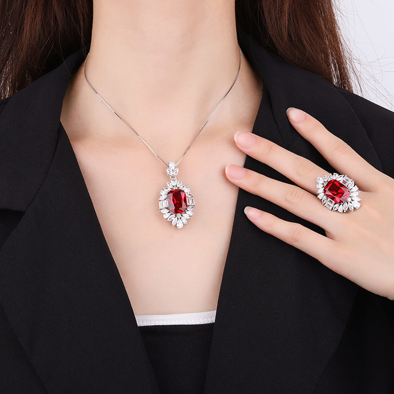 Vintage Red Zircon Jewelry Set - Statement Ring & Pendant Necklace with Cubic Zirconia, Copper Base Luxury Jewelry for Women-Y425