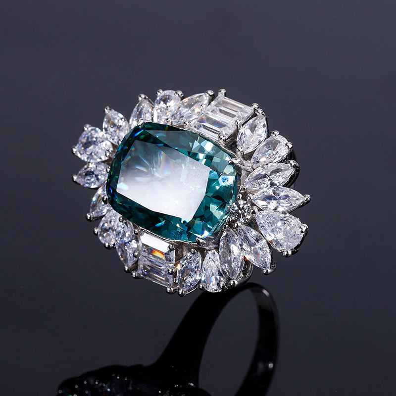 Vintage Teal Zircon Jewelry Set - Statement Ring & Pendant Necklace with Cubic Zirconia, Copper Base Luxury Jewelry for Women