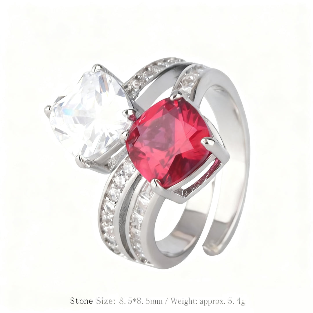 Dual-Stone Cushion-Cut Cubic Zirconia Ring for Women – 3 Styles (Ruby Red, Green, Sapphire Blue) with Copper Alloy Setting