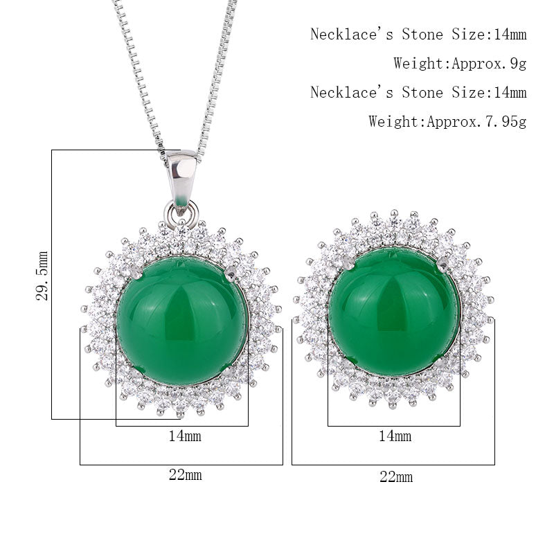 Icy Green Chalcedony Jewelry Set – Ring, Necklace & Earrings with Cubic Zirconia Halo, Silver-Tone Design