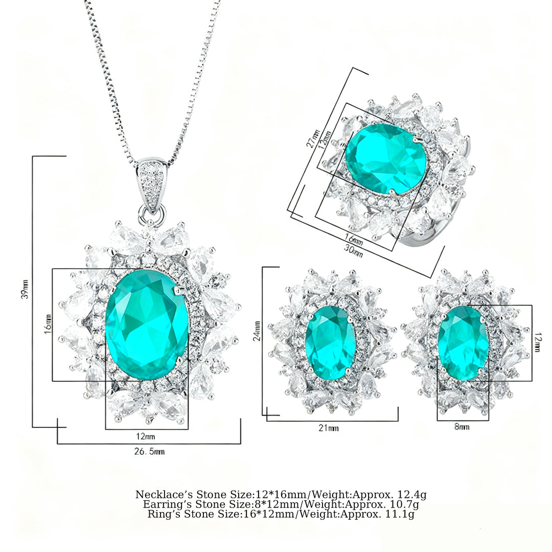 Neon Blue-Green Paraiba Tourmaline-Inspired Jewelry Set – Necklace, Ring & Earrings with Silver-Tone Floral Design