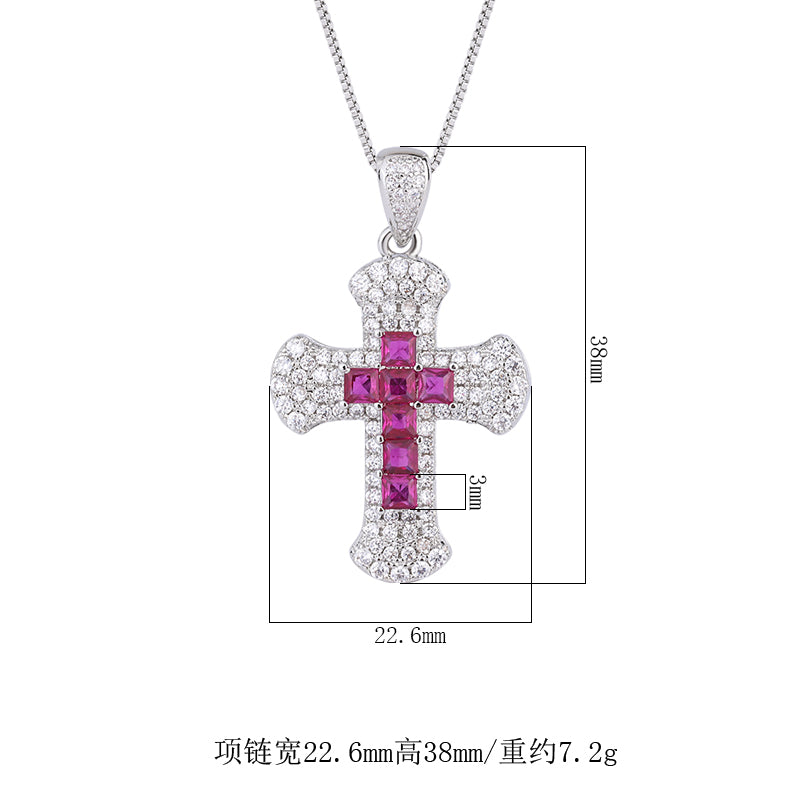 Colorful Cubic Zirconia Cross Pendant Necklace for Men Women – 3 Styles (Blue, Red, Green) with Copper Chain