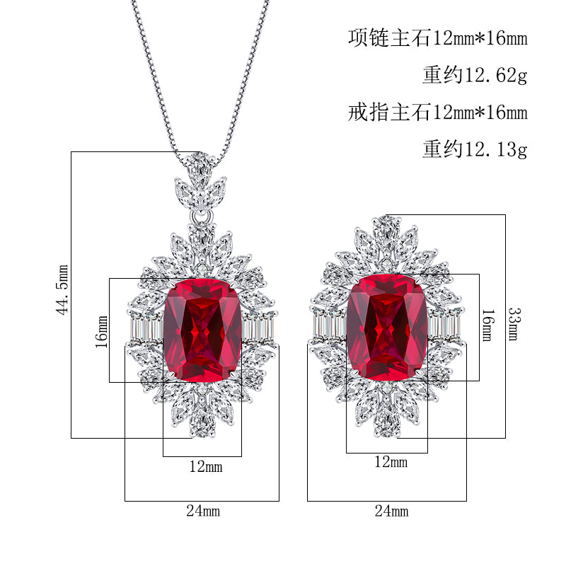 Vintage Red Zircon Jewelry Set - Statement Ring & Pendant Necklace with Cubic Zirconia, Copper Base Luxury Jewelry for Women-Y425