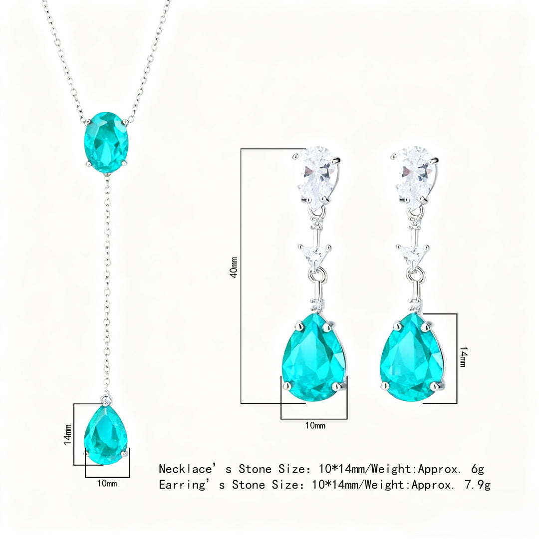 Neon Blue-Green Paraiba Tourmaline-Inspired Drop Jewelry Set – Y-Necklace & Dangle Earrings with Silver-Tone Design