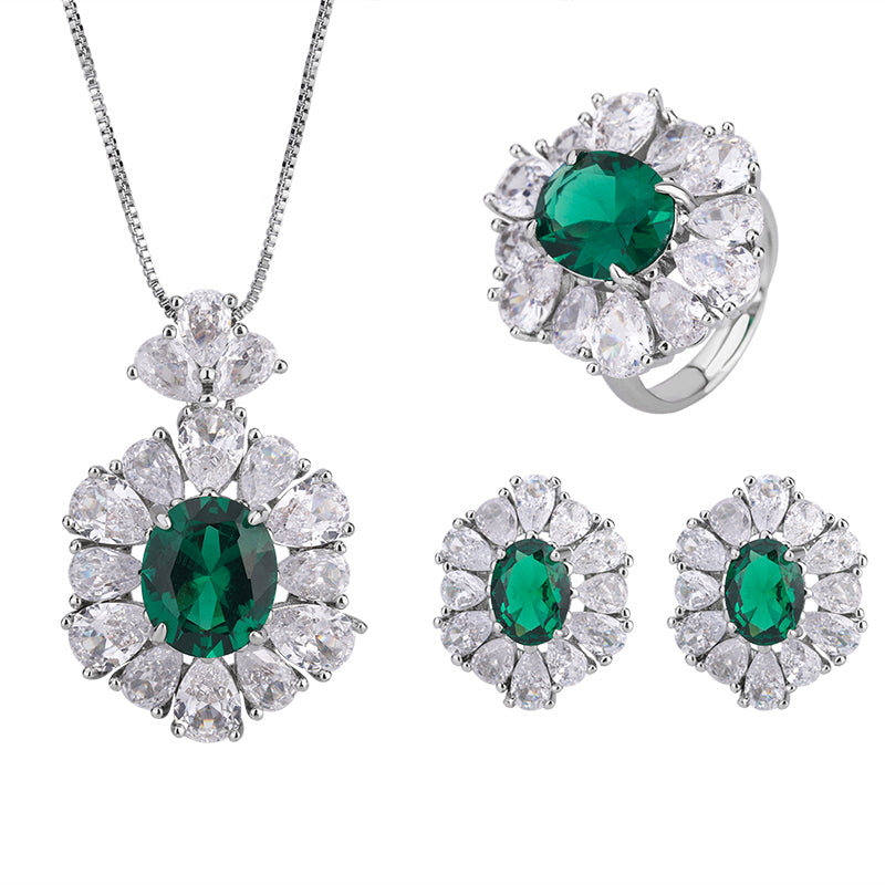 Vintage Green Zircon Jewelry Set - Necklace, Ring & Earrings with Cubic Zirconia, Copper Base Elegant Statement Jewelry for Women