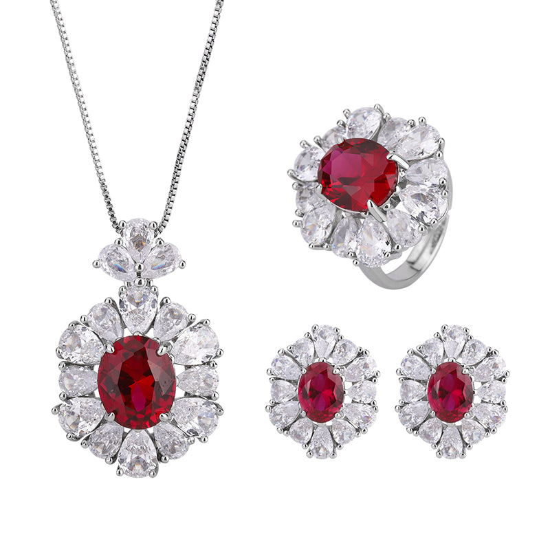 Vintage Red Zircon Jewelry Set - Necklace, Ring & Earrings with Cubic Zirconia, Copper Base Luxury Statement Jewelry for Women