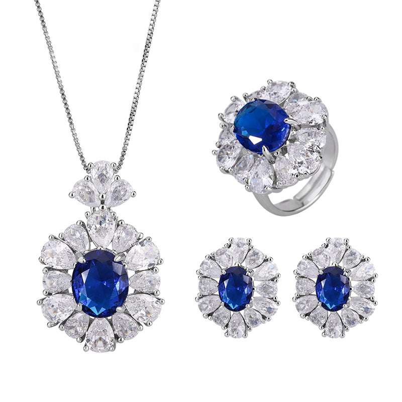 Vintage Blue Zircon Jewelry Set - Necklace, Ring & Earrings with Cubic Zirconia, Copper Base Elegant Statement Jewelry for Women