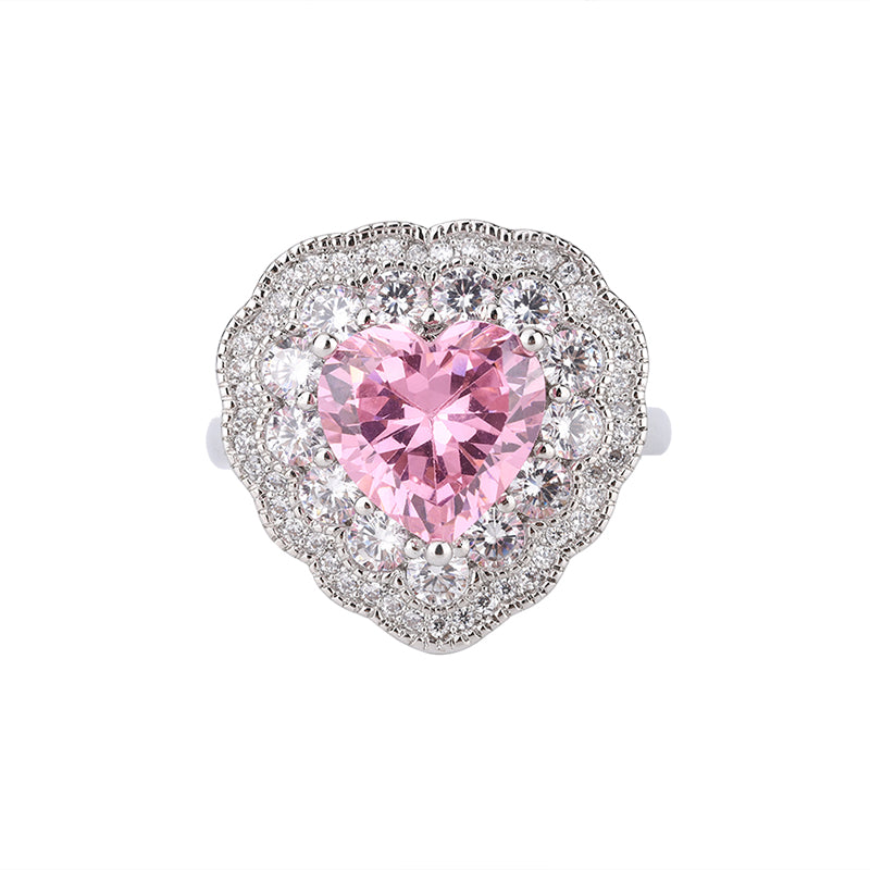 Heart-Shaped Zircon Ring for Women - Pink & Yellow Options, Copper Base with Cubic Zirconia, Vintage Statement Jewelry-ZS173