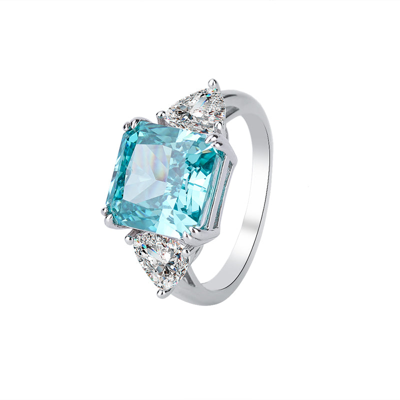 Vintage Asscher-Cut Blue Topaz Cubic Zirconia Ring – Statement Silver-Tone Design with Trillion Accents