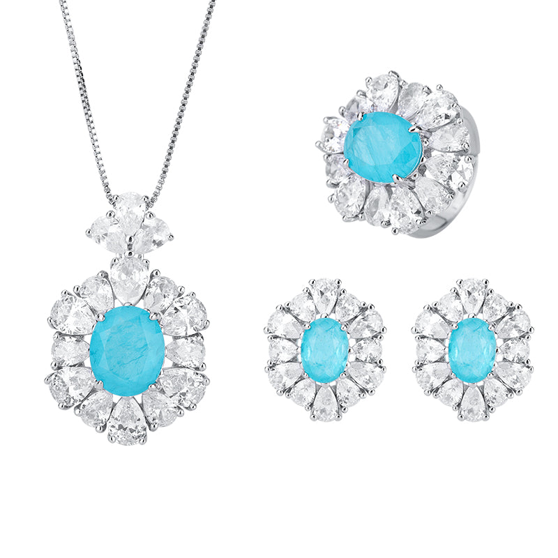 Light Blue Oval Cubic Zirconia Jewelry Set – Ring, Necklace & Earrings with Silver-Tone Design, Floral Halo Detail