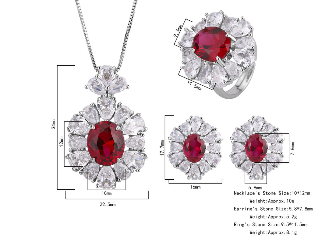 Vintage Red Zircon Jewelry Set - Necklace, Ring & Earrings with Cubic Zirconia, Copper Base Luxury Statement Jewelry for Women