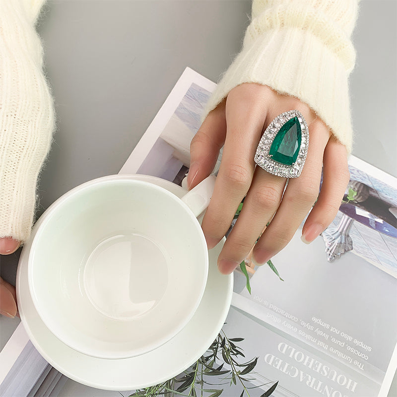 Multi-Color Geometric Cocktail Ring – Ruby, Paraiba Blue-Green, Sapphire & Emerald Hues with Silver-Tone Cubic Zirconia Halo