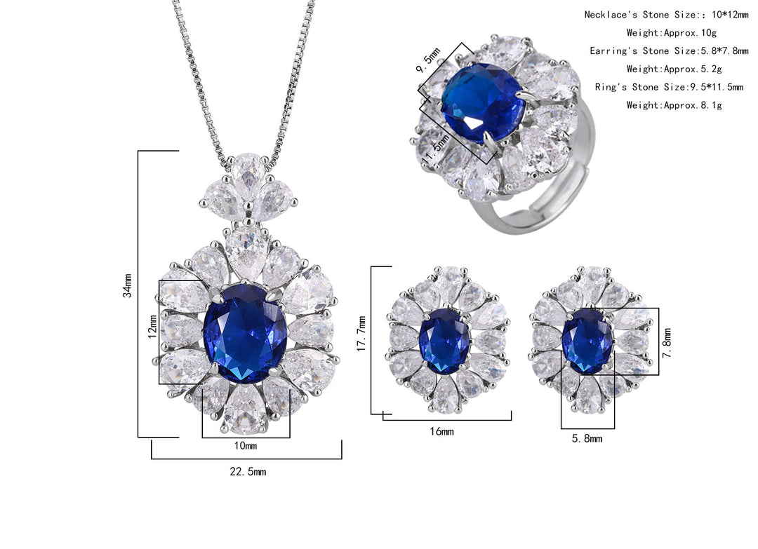 Vintage Blue Zircon Jewelry Set - Necklace, Ring & Earrings with Cubic Zirconia, Copper Base Elegant Statement Jewelry for Women