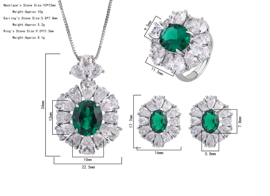 Vintage Green Zircon Jewelry Set - Necklace, Ring & Earrings with Cubic Zirconia, Copper Base Elegant Statement Jewelry for Women
