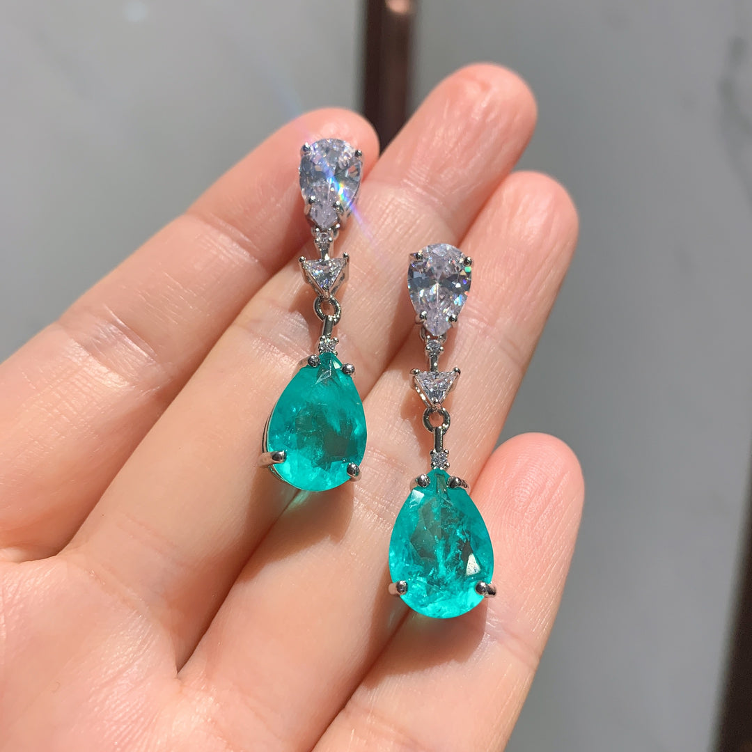 Neon Blue-Green Paraiba Tourmaline-Inspired Drop Jewelry Set – Y-Necklace & Dangle Earrings with Silver-Tone Design