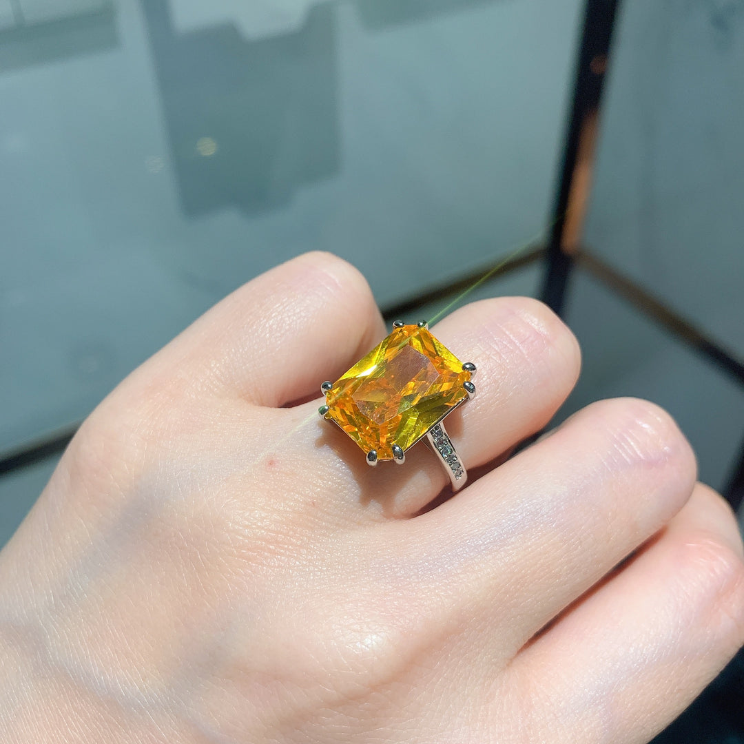 Statement Emerald-Cut Cocktail Ring – Neon Paraiba Blue-Green & Golden Yellow Options with Silver-Tone Design