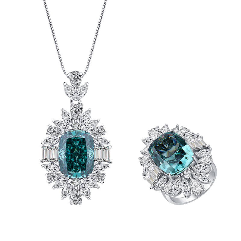 Vintage Teal Zircon Jewelry Set - Statement Ring & Pendant Necklace with Cubic Zirconia, Copper Base Luxury Jewelry for Women