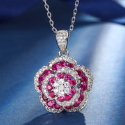 Vintage Ruby Corundum Camellia Jewelry Set – Copper-Base Gold-Plated with Zircon Accents, Necklace, Ring, and Earrings Ensemble, Elegant Luxury Jewelry