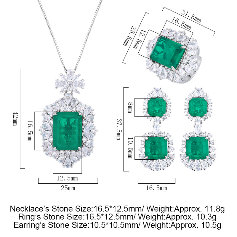 Vintage Emerald-Cut Gemstone Jewelry Set – Necklace, Ring, and Earrings Ensemble with Silver-Tone Halo of White Zirconia, Statement Formal Jewelry