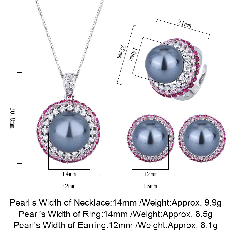 Vintage Black Pearl Cocktail Jewelry Set – Gradient Pink-to-Red Gemstones & Pave Zircon Accents, Necklace, Ring, and Earrings Ensemble