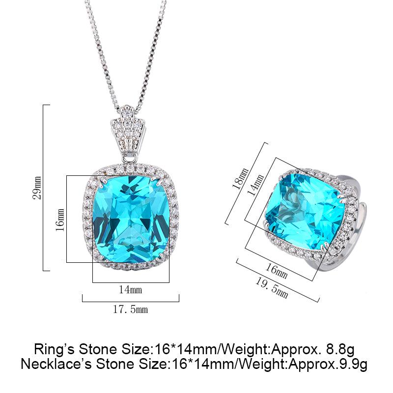 Vintage Cushion-Cut Simulated Gemstone Jewelry Set – Copper-Base Gold-Plated with Zircon Halo, Sea Blue Topaz & Pink Morganite-Inspired, Necklace and Ring Ensemble