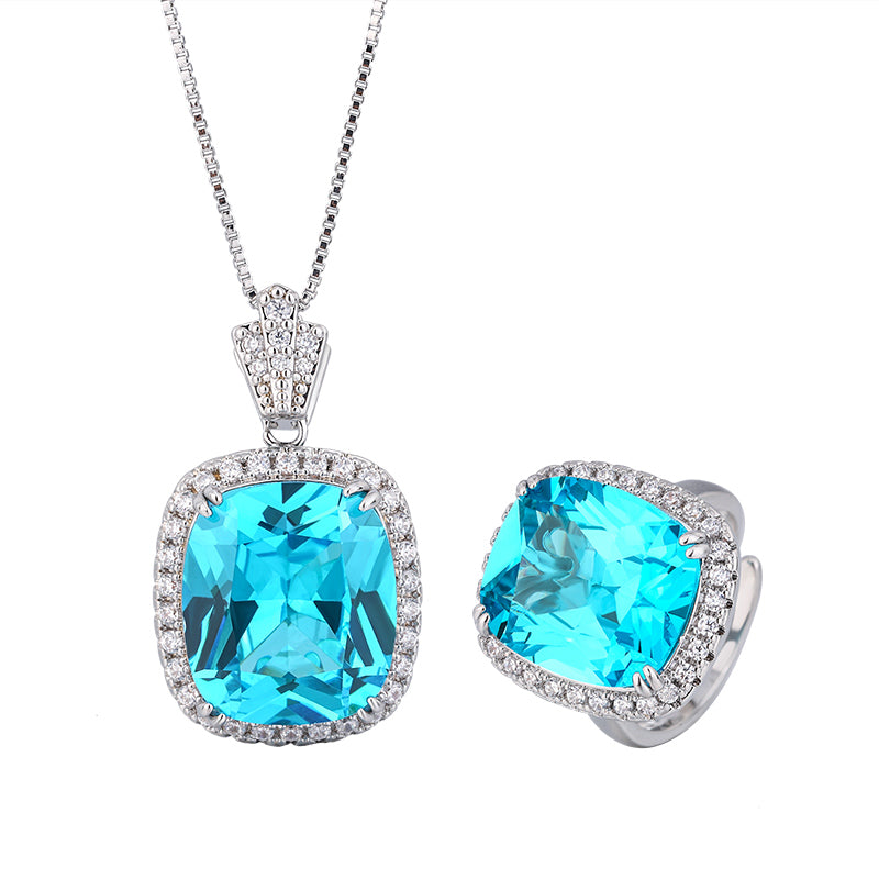 Vintage Cushion-Cut Simulated Gemstone Jewelry Set – Copper-Base Gold-Plated with Zircon Halo, Sea Blue Topaz & Pink Morganite-Inspired, Necklace and Ring Ensemble