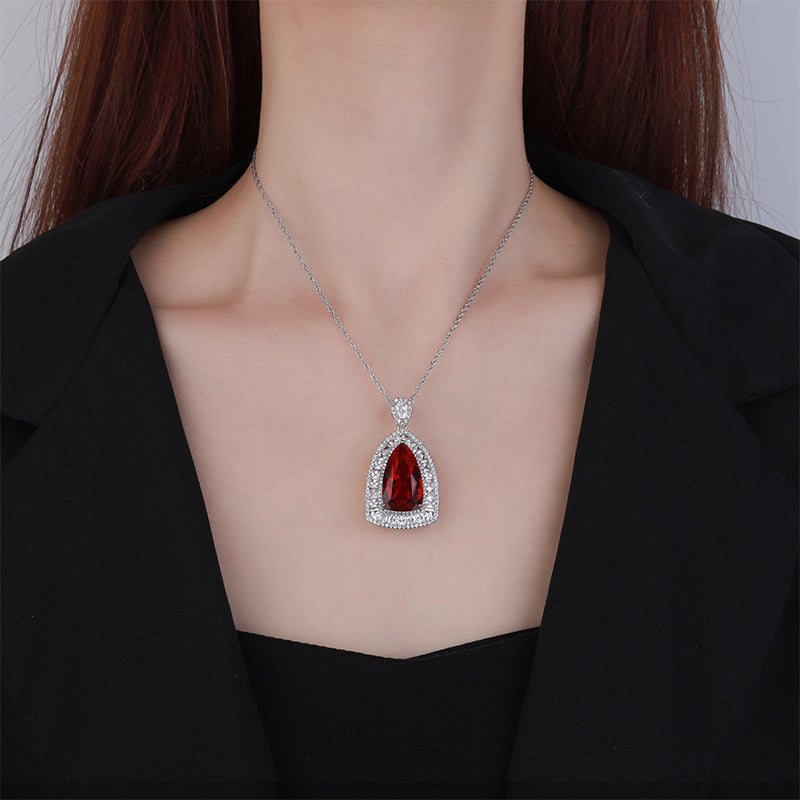 Multi-Color Teardrop Cubic Zirconia Statement Necklace – Silver-Tone Geometric Halo Design with Ruby, Sapphire, Emerald & Paraiba Hues