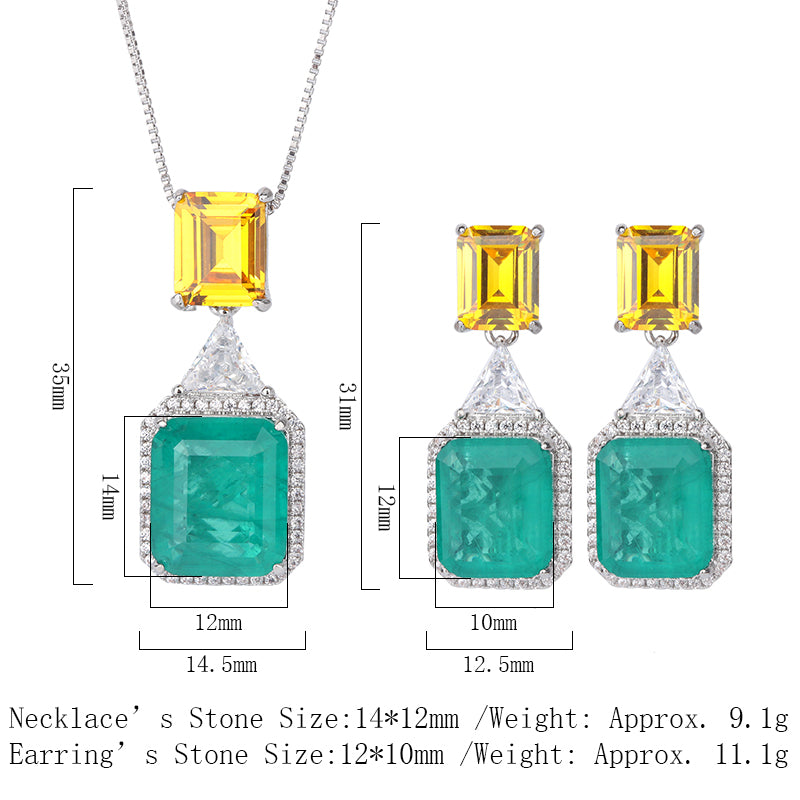 Geometric Two-Tone Cubic Zirconia Jewelry Set – Emerald Green & Sky Blue Options, Necklace & Earrings with Silver-Tone Design