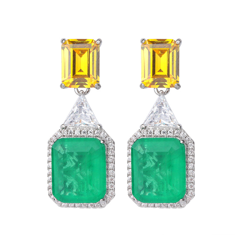 Geometric Two-Tone Cubic Zirconia Jewelry Set – Emerald Green & Sky Blue Options, Necklace & Earrings with Silver-Tone Design