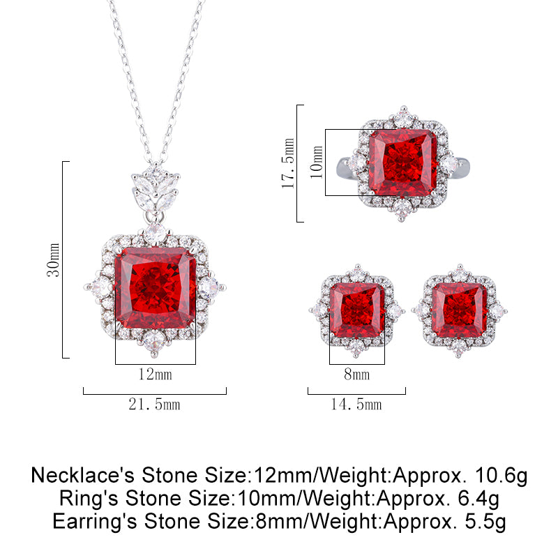 Vintage Ice-Flower Cut High Carbon Diamond Jewelry Set – Copper-Base Gold-Plated with Princess-Cut Ruby Red Simulated Diamond, Necklace, Ring, and Earrings Ensemble, Luxury Statement Jewelry