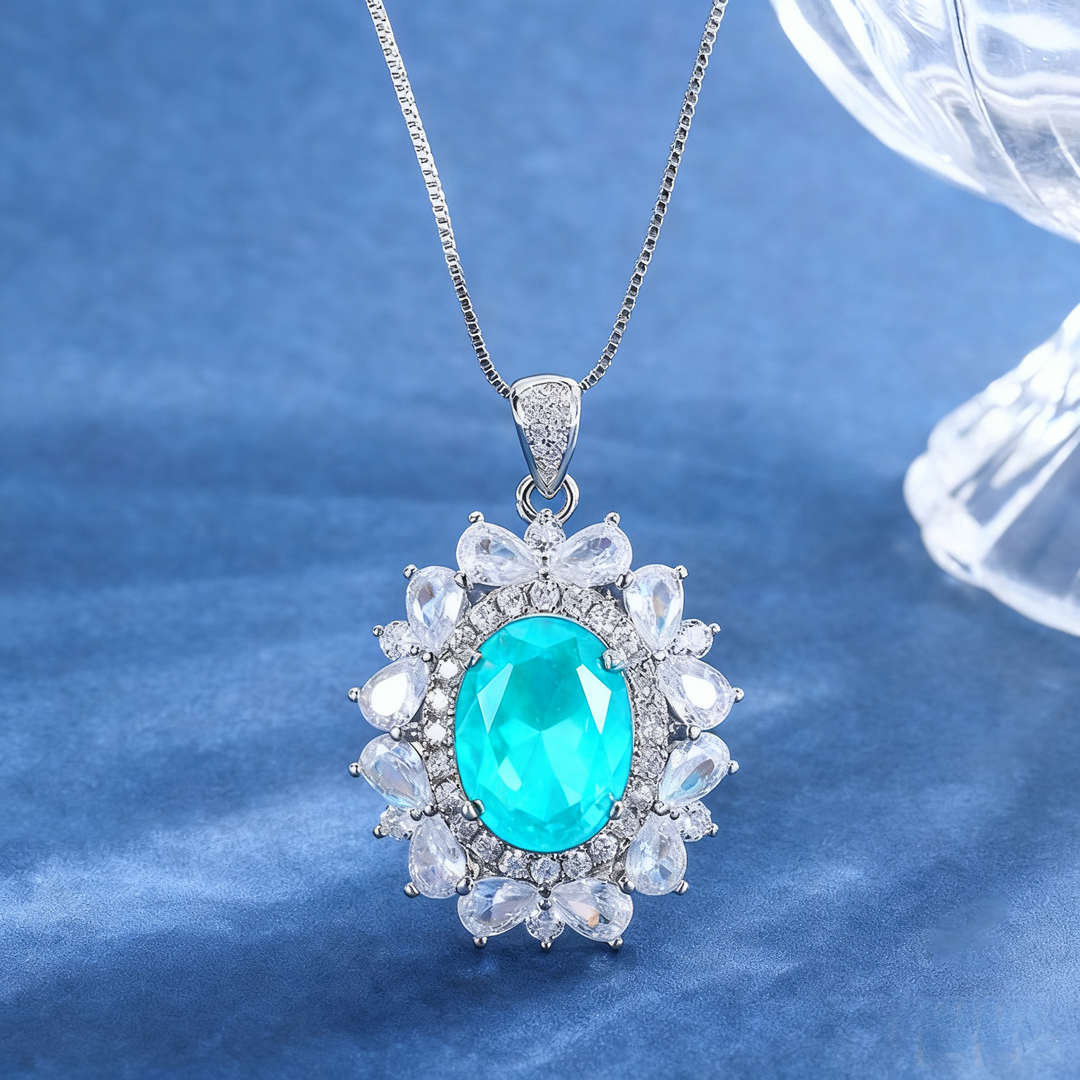 Neon Blue-Green Paraiba Tourmaline-Inspired Jewelry Set – Necklace, Ring & Earrings with Silver-Tone Floral Design
