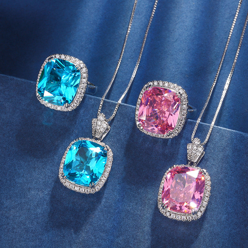 Vintage Cushion-Cut Simulated Gemstone Jewelry Set – Copper-Base Gold-Plated with Zircon Halo, Sea Blue Topaz & Pink Morganite-Inspired, Necklace and Ring Ensemble