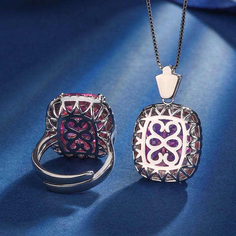 Vintage Cushion-Cut Simulated Gemstone Jewelry Set – Copper-Base Gold-Plated with Zircon Halo, Sea Blue Topaz & Pink Morganite-Inspired, Necklace and Ring Ensemble