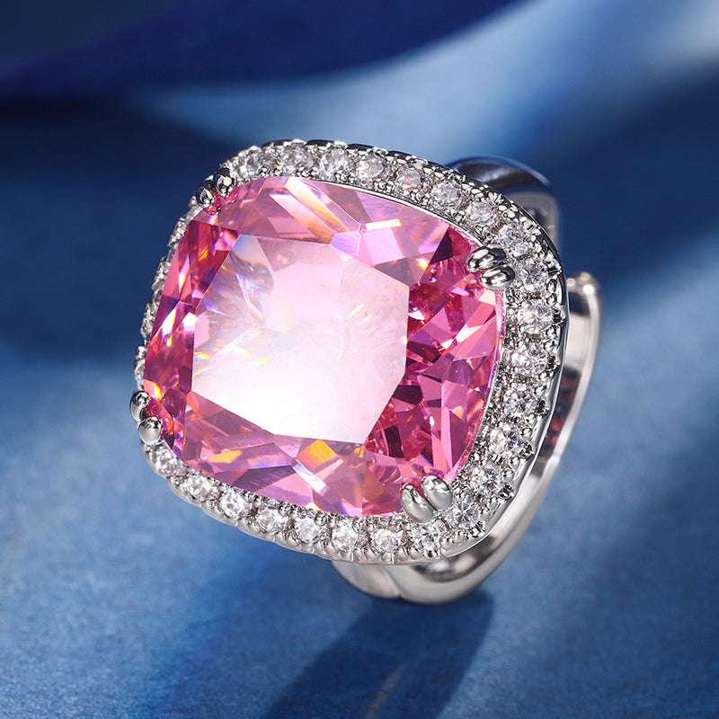 Vintage Cushion-Cut Simulated Gemstone Jewelry Set – Copper-Base Gold-Plated with Zircon Halo, Sea Blue Topaz & Pink Morganite-Inspired, Necklace and Ring Ensemble