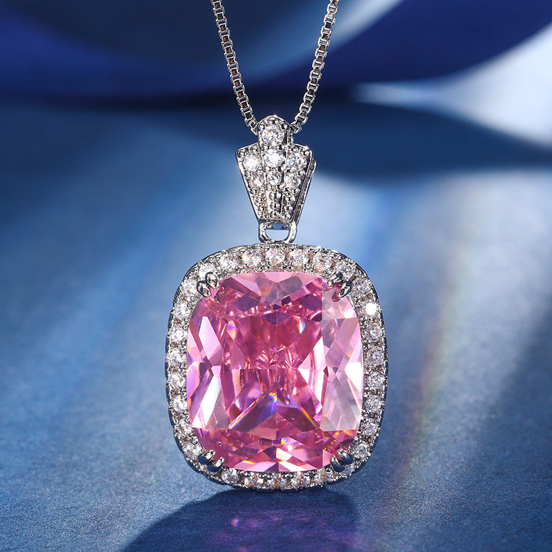 Vintage Cushion-Cut Simulated Gemstone Jewelry Set – Copper-Base Gold-Plated with Zircon Halo, Sea Blue Topaz & Pink Morganite-Inspired, Necklace and Ring Ensemble