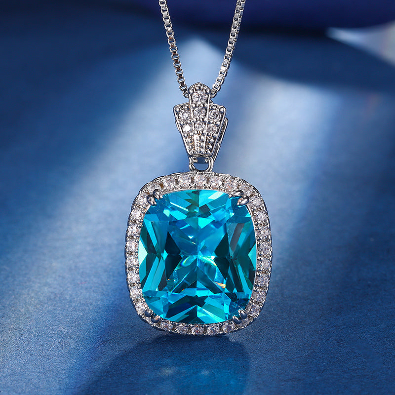 Vintage Cushion-Cut Simulated Gemstone Jewelry Set – Copper-Base Gold-Plated with Zircon Halo, Sea Blue Topaz & Pink Morganite-Inspired, Necklace and Ring Ensemble