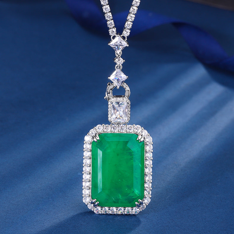 Vintage-Inspired Emerald-Cut Gemstone Pendant Necklace – Copper-Base Gold-Plated with Cubic Zirconia Halo, Statement Luxury Jewelry