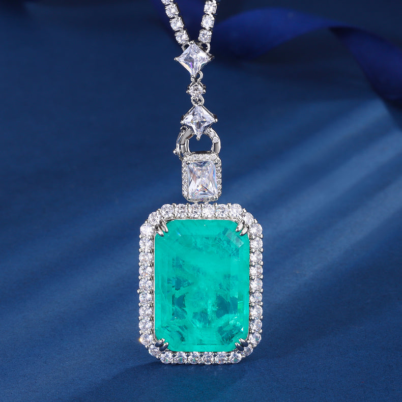 Vintage-Inspired Emerald-Cut Gemstone Pendant Necklace – Copper-Base Gold-Plated with Cubic Zirconia Halo, Statement Luxury Jewelry