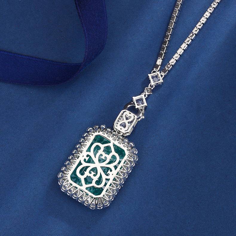 Vintage-Inspired Emerald-Cut Gemstone Pendant Necklace – Copper-Base Gold-Plated with Cubic Zirconia Halo, Statement Luxury Jewelry