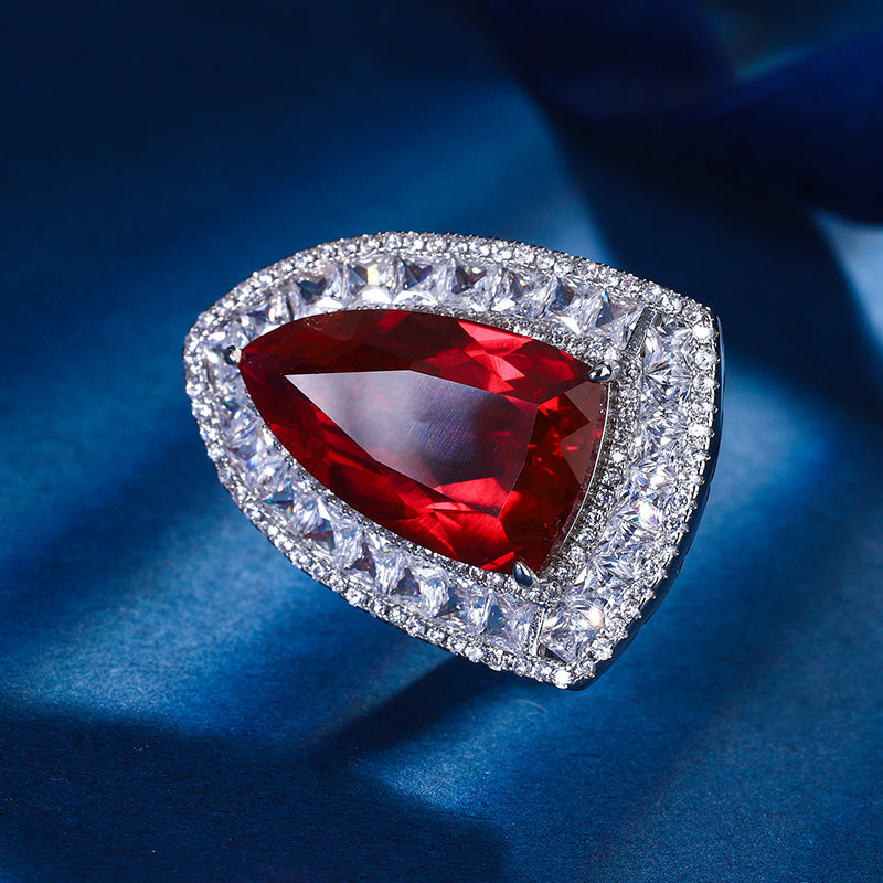 Multi-Color Geometric Cocktail Ring – Ruby, Paraiba Blue-Green, Sapphire & Emerald Hues with Silver-Tone Cubic Zirconia Halo