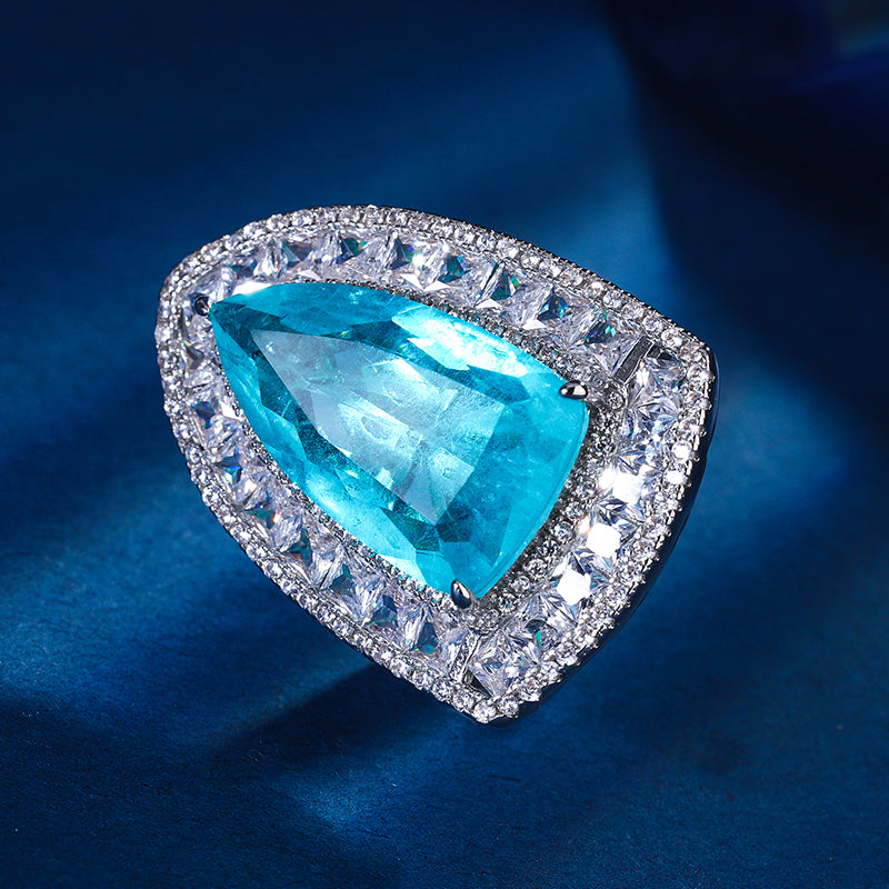 Multi-Color Geometric Cocktail Ring – Ruby, Paraiba Blue-Green, Sapphire & Emerald Hues with Silver-Tone Cubic Zirconia Halo