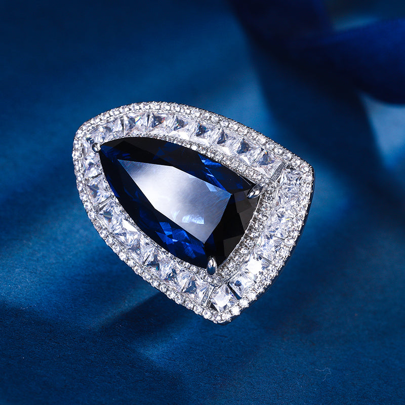 Multi-Color Geometric Cocktail Ring – Ruby, Paraiba Blue-Green, Sapphire & Emerald Hues with Silver-Tone Cubic Zirconia Halo