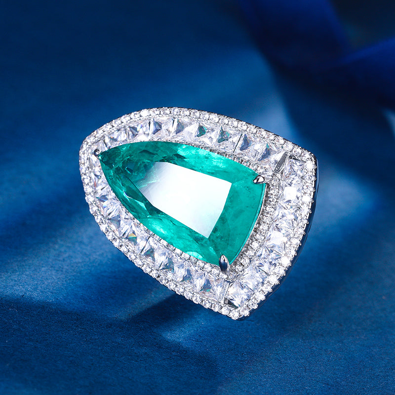 Multi-Color Geometric Cocktail Ring – Ruby, Paraiba Blue-Green, Sapphire & Emerald Hues with Silver-Tone Cubic Zirconia Halo