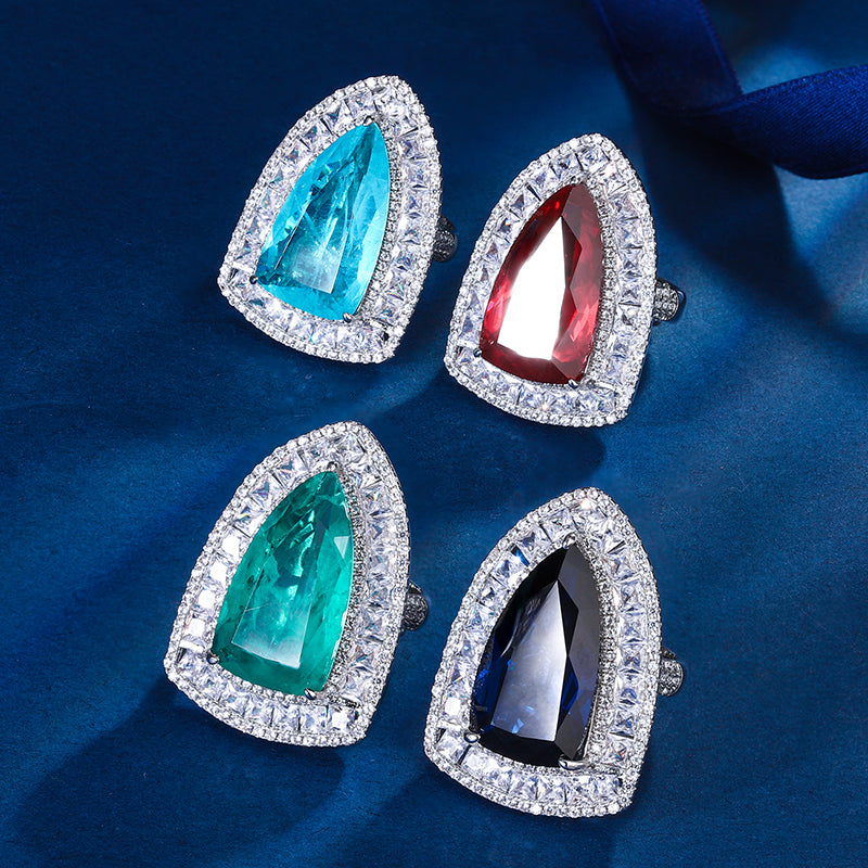 Multi-Color Geometric Cocktail Ring – Ruby, Paraiba Blue-Green, Sapphire & Emerald Hues with Silver-Tone Cubic Zirconia Halo